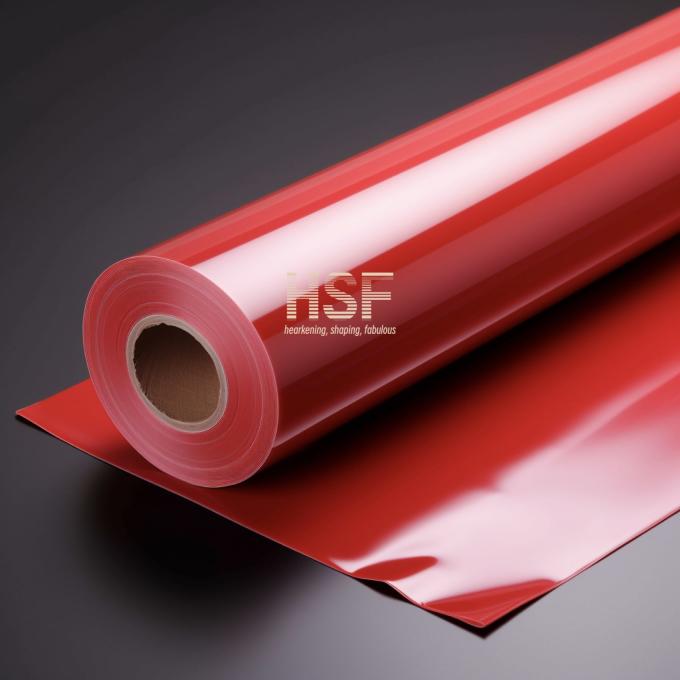 Close-up view of 50Î¼m CPP red film demonstrating thin gauge and uniform color distribution